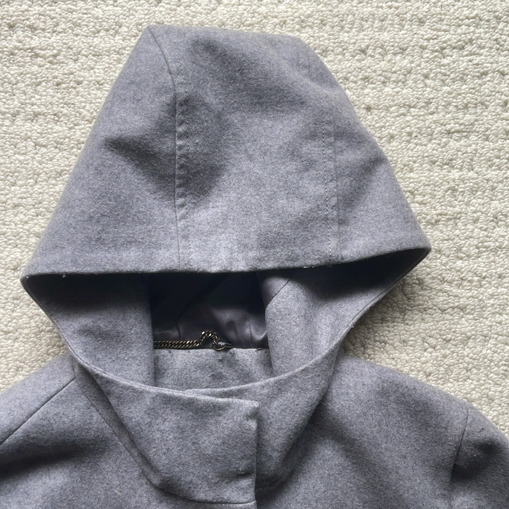 J. Crew Gray Wool Toggle Hooded Cape Coat with Tan Leather Accents - Picture 4 of 12
